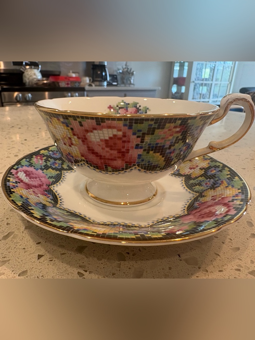 PARAGON Gingham Rose Vintage Needlepoint Bone China Teacup and Saucer Gold Trim